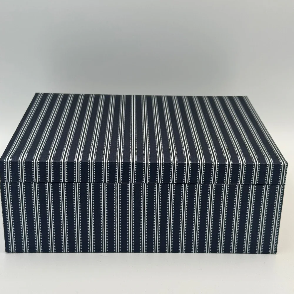 Avon Jewelry Box Navy Blue Pinstripe Brown Satin Lining Removable Tray Organizer
